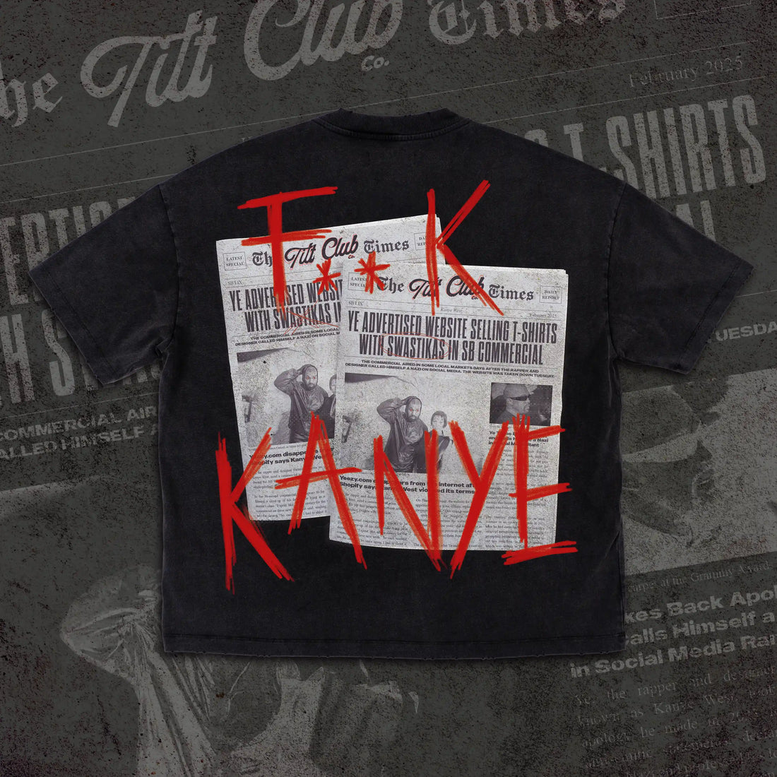 A controversial and statement-making tee featuring a newspaper-style graphic of media headlines, with bold red graffiti-style text overlaying the design, creating a rebellious and thought-provoking aesthetic.